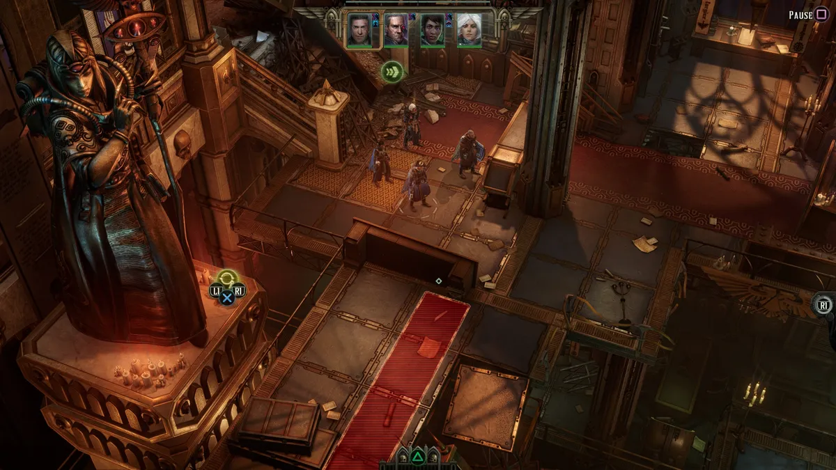 A party of four exploring a dark, gothic corridor in Rogue Trader.