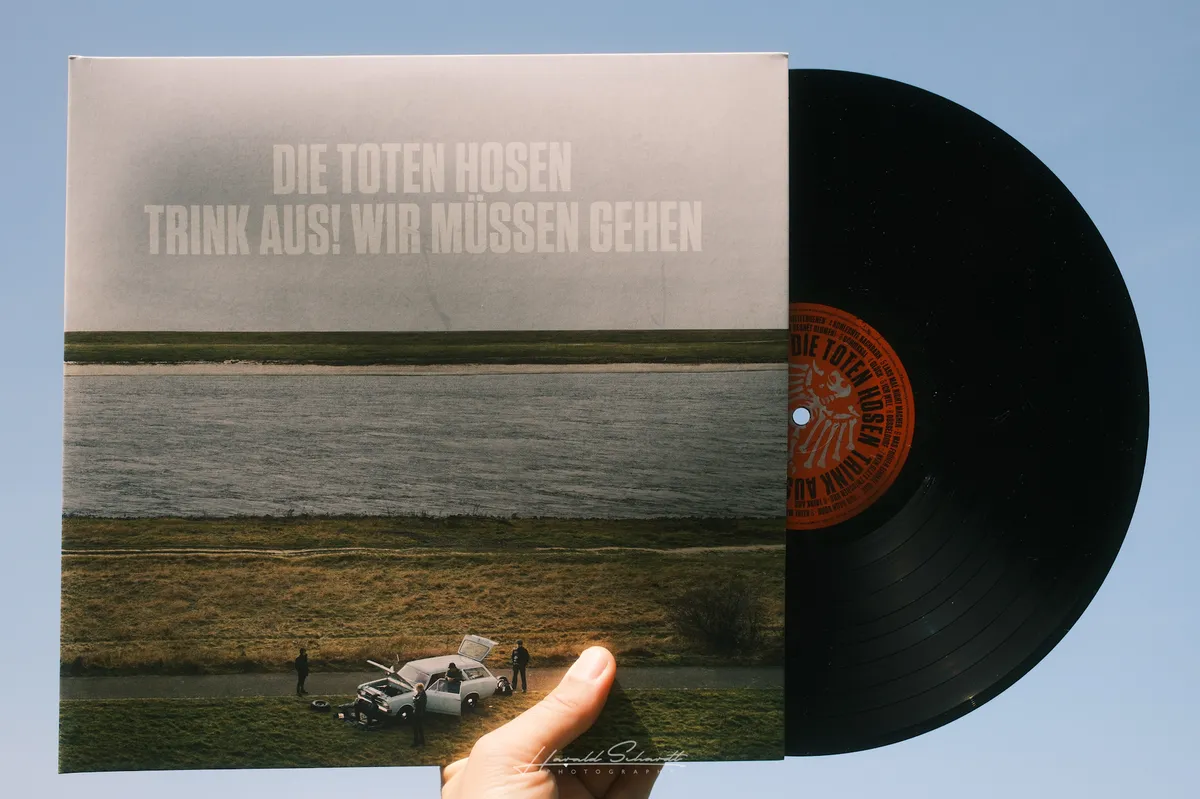 Die Toten Hosen — Trink aus! Wir müssen gehen, black vinyl half out of the sleeve, held against a blue sky.
