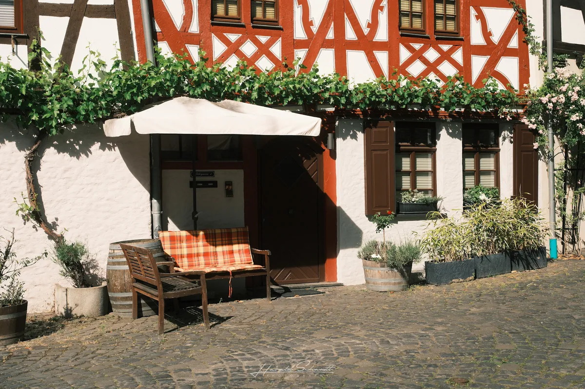 A wooden bench with a tartan cushion outside a white half-timbered house, vines growing along the facade.