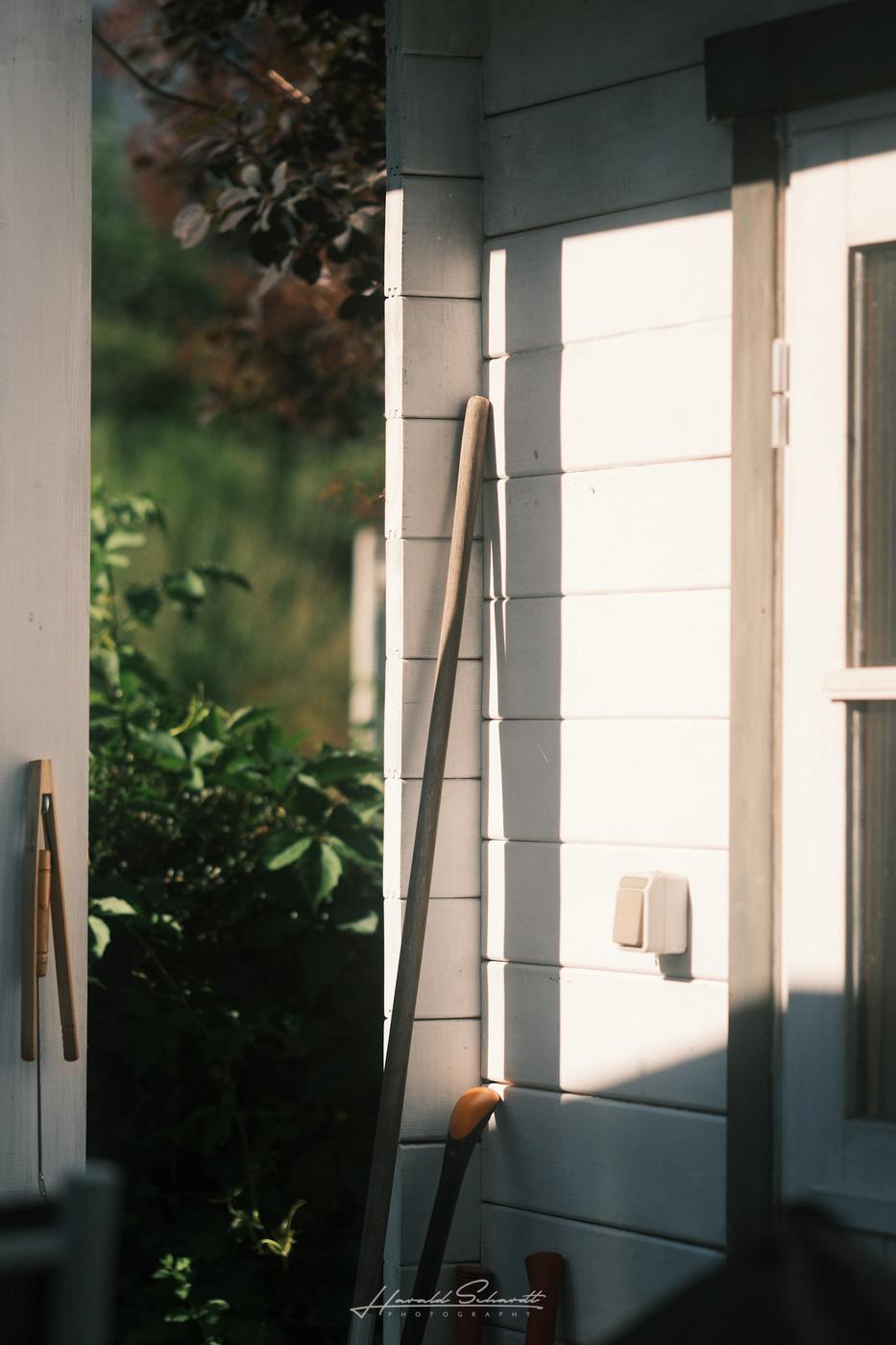 A ground sprinkler shower spraying thin streams of water upward from a square panel in the grass, set in bright summer sunlight.