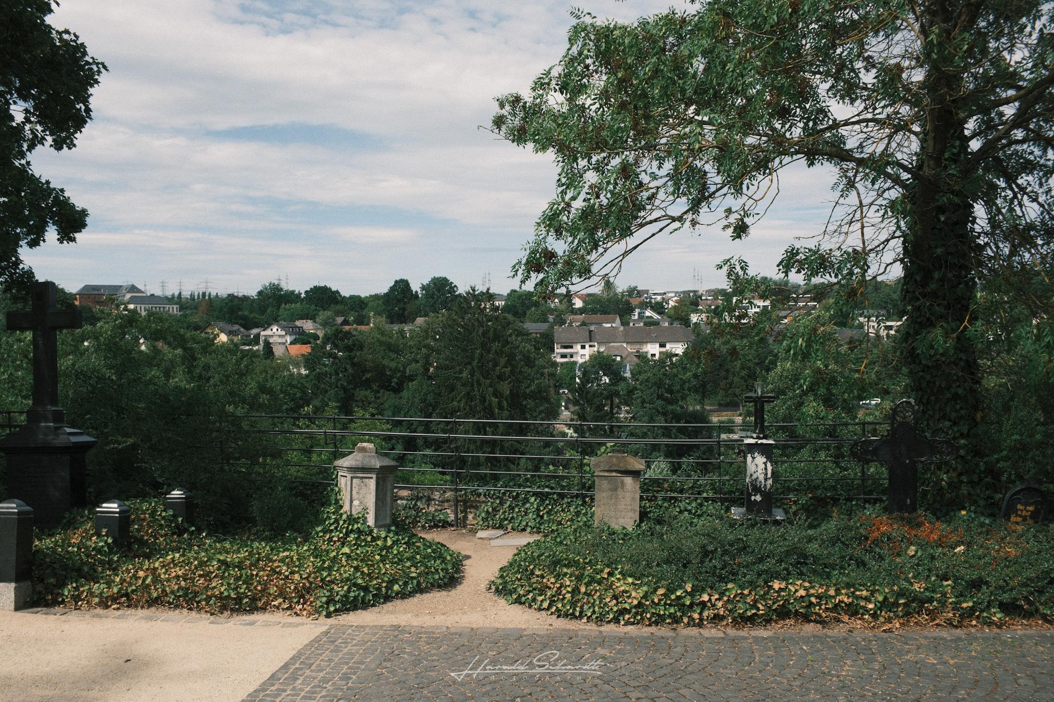 View across the old cathedral cemetery with trees, gravestones, and the town in the distance.