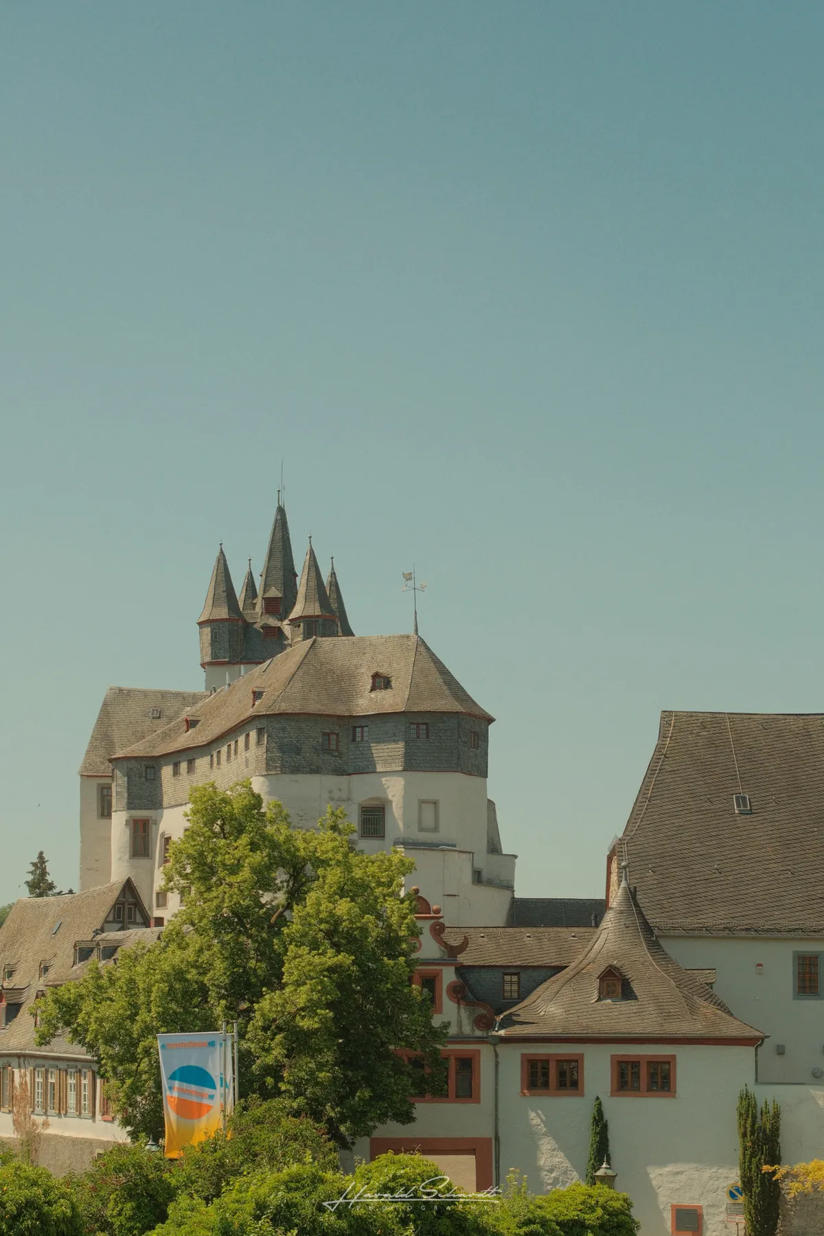 Diez castle with multiple pointed towers against a pale blue sky, trees and rooftops in the foreground.