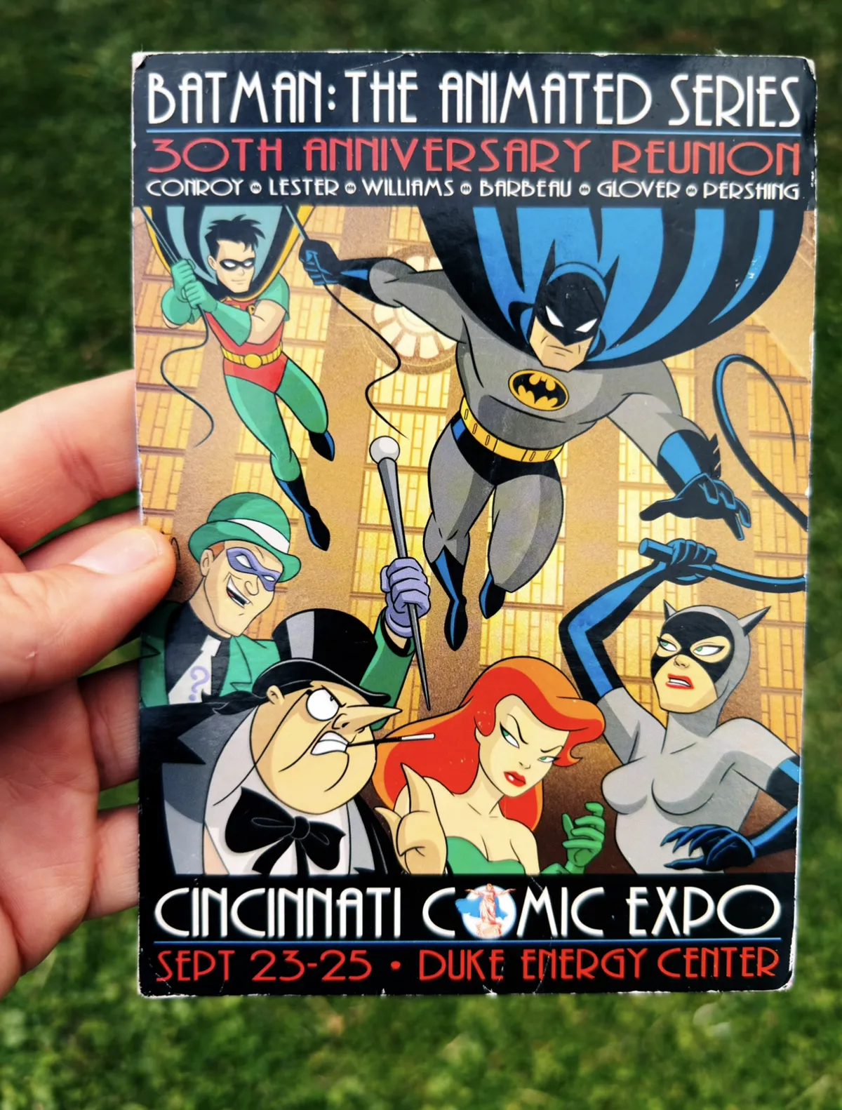 Postcard for Batman: The Animated Series 30th Anniversary Reunion, illustrated with Batman, Robin, Catwoman, Poison Ivy, Penguin, and Riddler, advertising the Cincinnati Comic Expo.