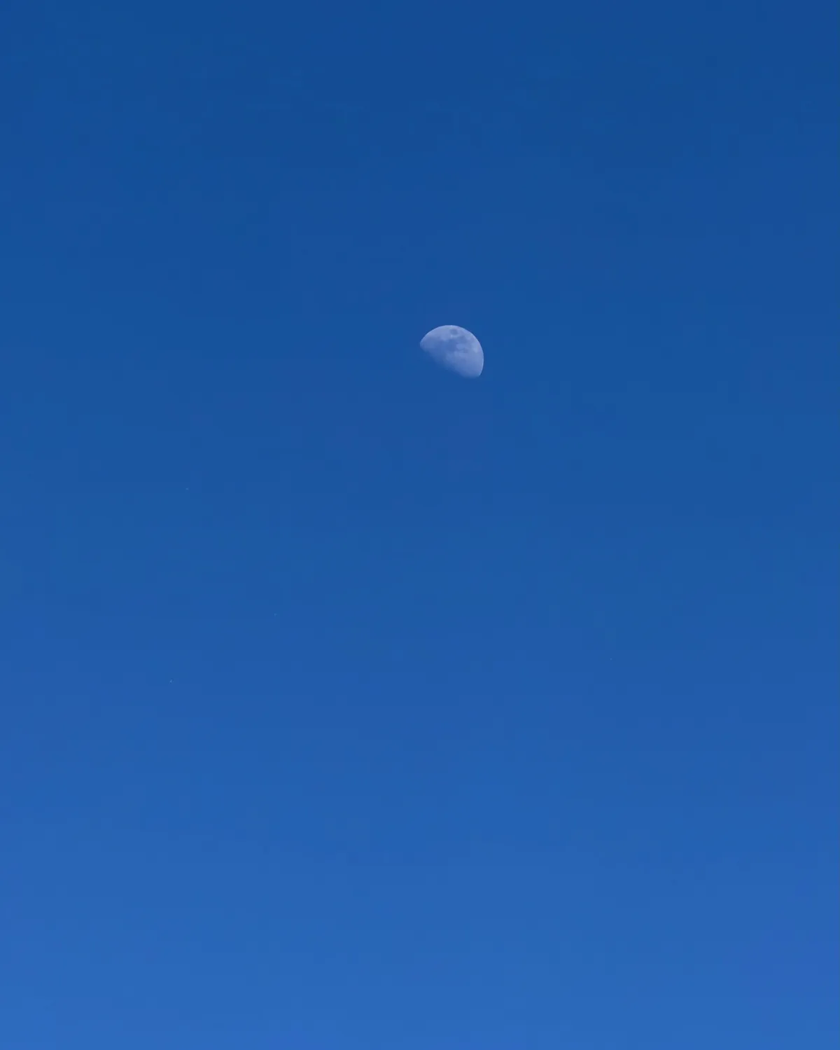 Half moon in a clear blue daytime sky, photographed handheld with a mobile phone.​​​​​​​​​​​​​​​​