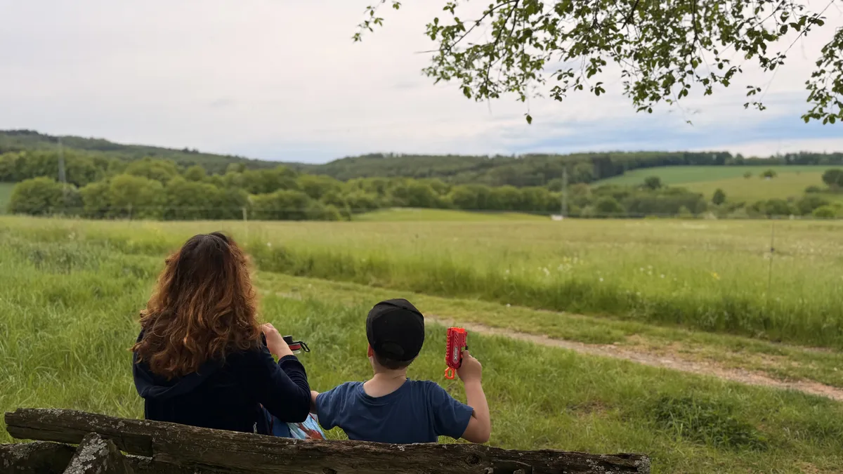 Two people sitting on a wooden bench from behind, looking out over a wide green valley. Birch branches frame the top of the image.