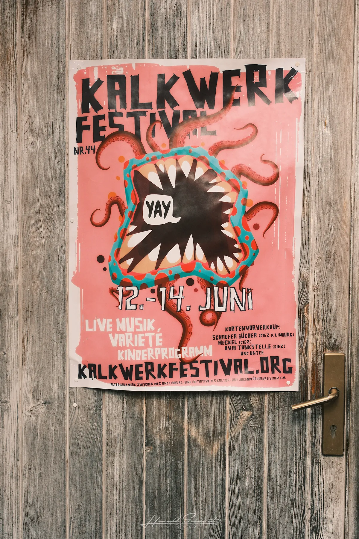 Kalkwerk Festival poster on a weathered wooden door. Pink background, toothy monster illustration, June 12–14.