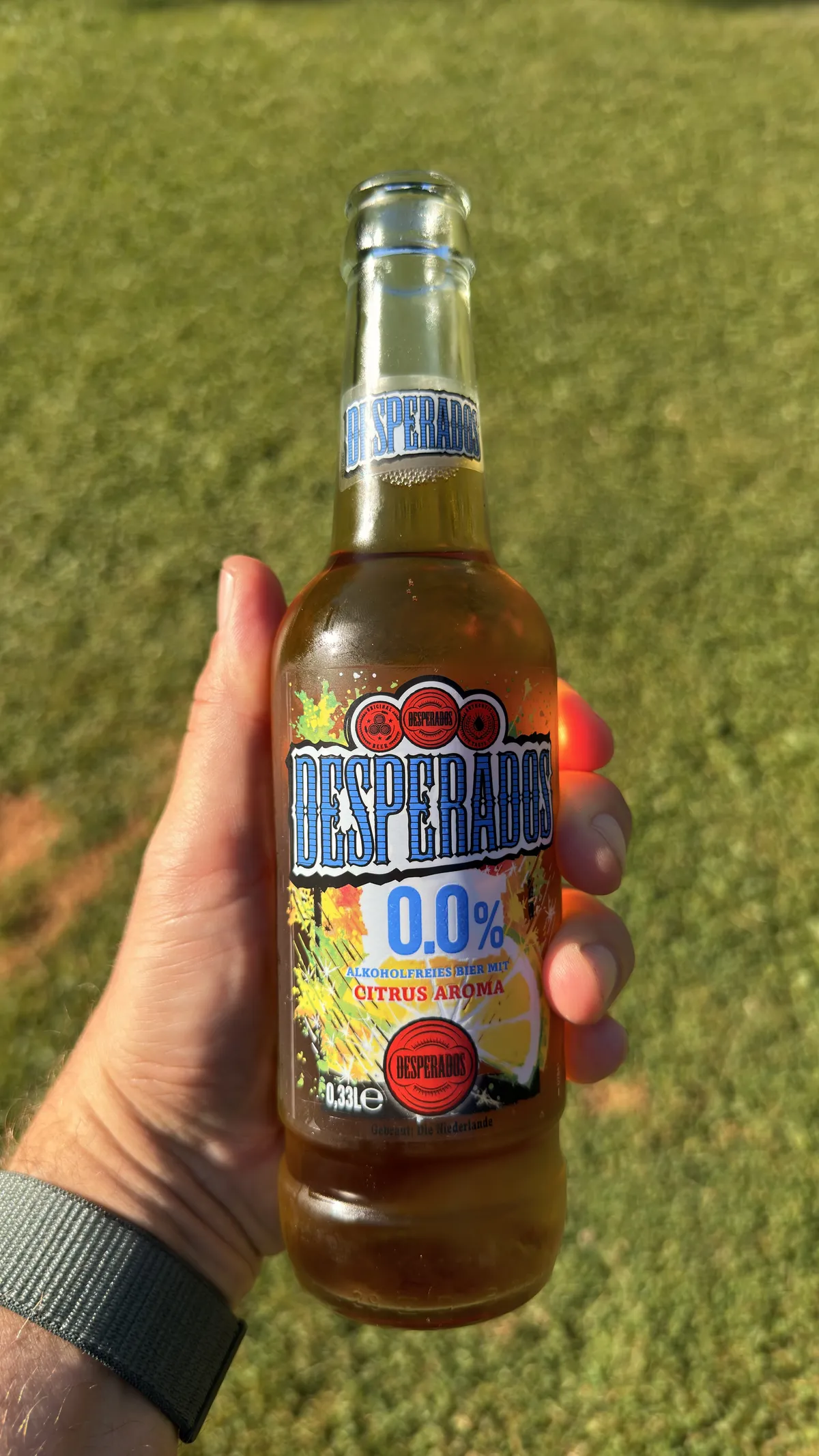 A hand holding a bottle of non alcoholic Desperados beer in the warm evening sun, with a blurred green lawn in the background.