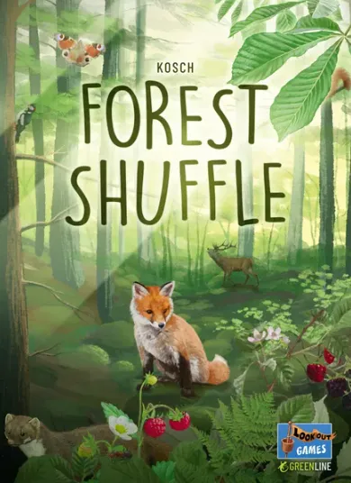 the cover of the board game "forest shuffle." a small box with an illustrated forest and a number of animals on it.