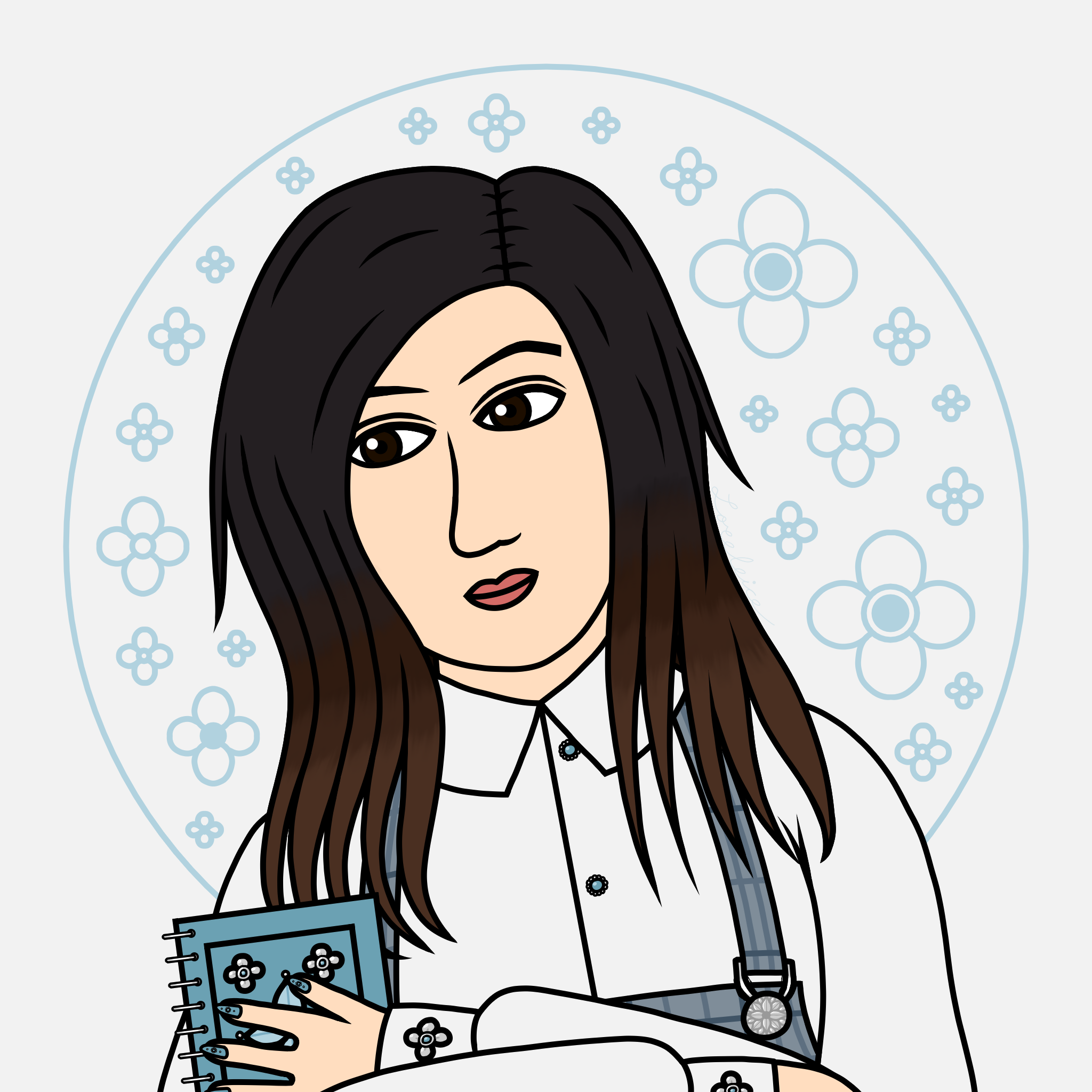 A digital illustration of Loreleice's self-portrait with a plain off-white background with muted blue flowers inside the circle.
