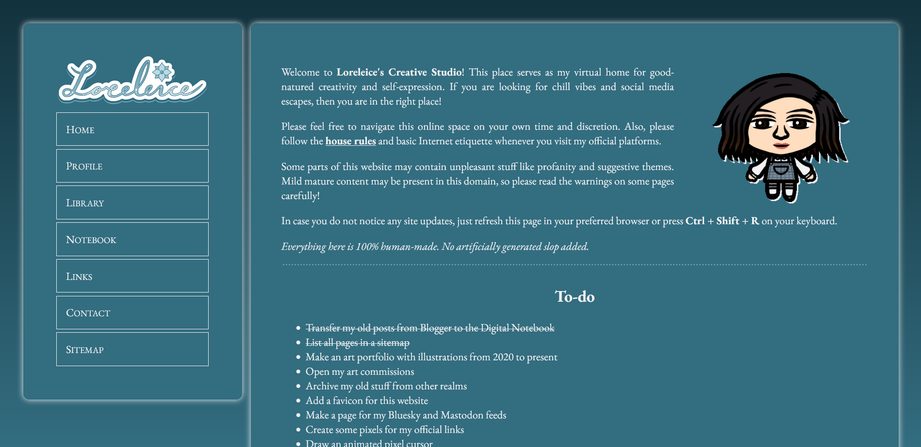 A screenshot of the old layout for Loreleice's Creative Studio.