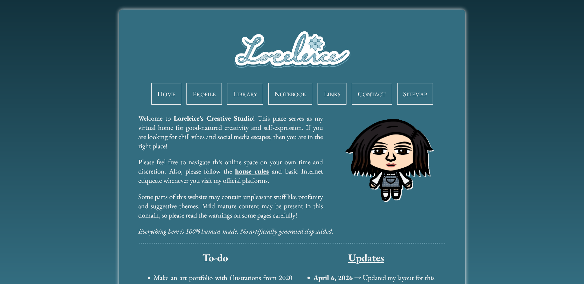 A screenshot of the new layout for Loreleice's Creative Studio