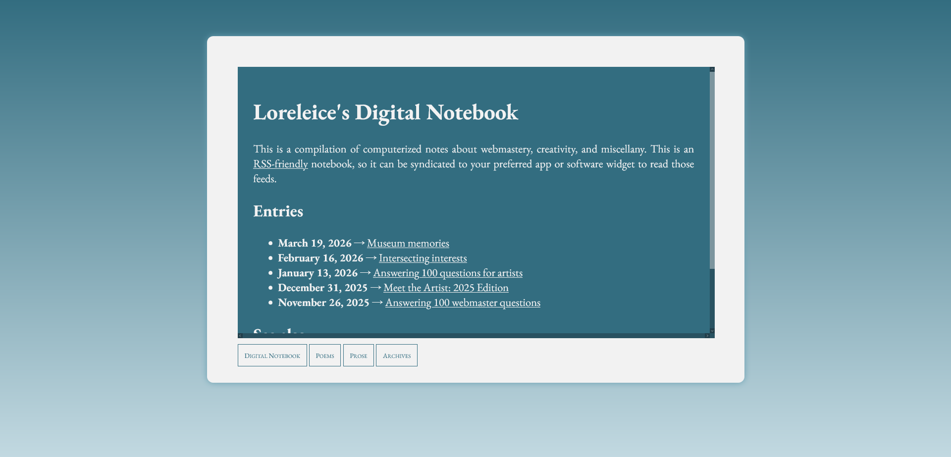 A screenshot of the old layout for Loreleice's Digital Notebook.