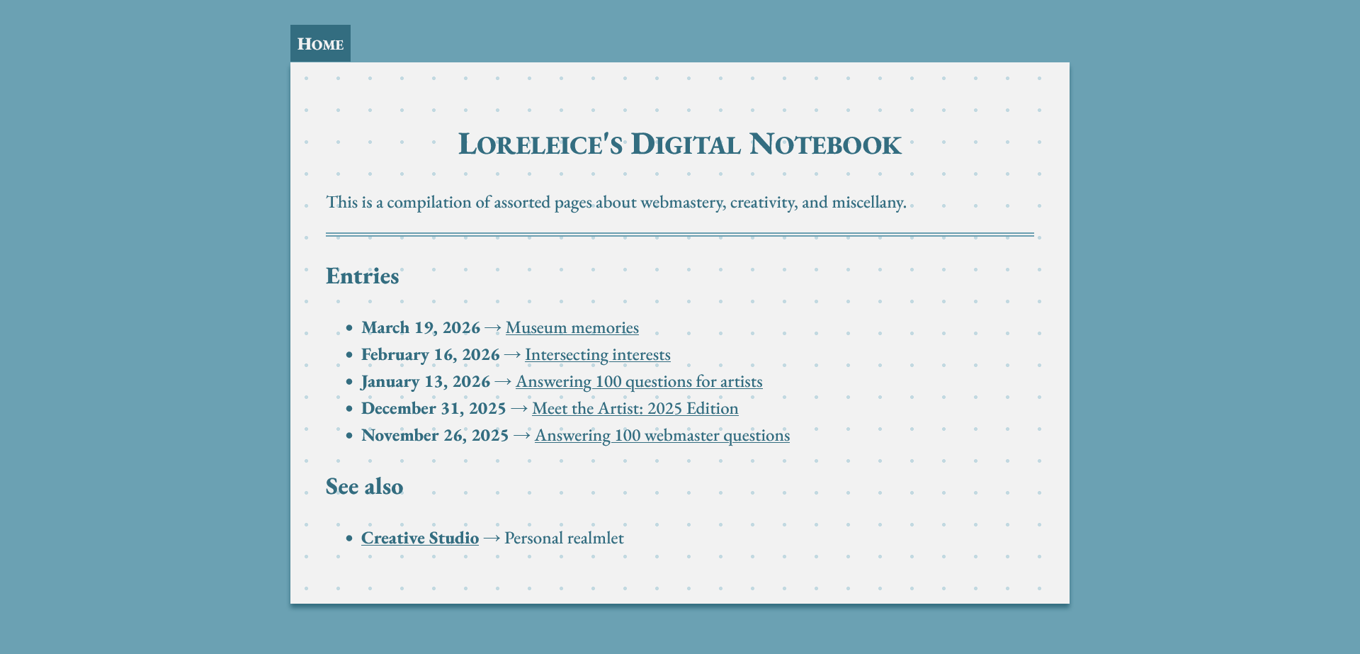 A screenshot of the new layout for Loreleice's Digital Notebook.