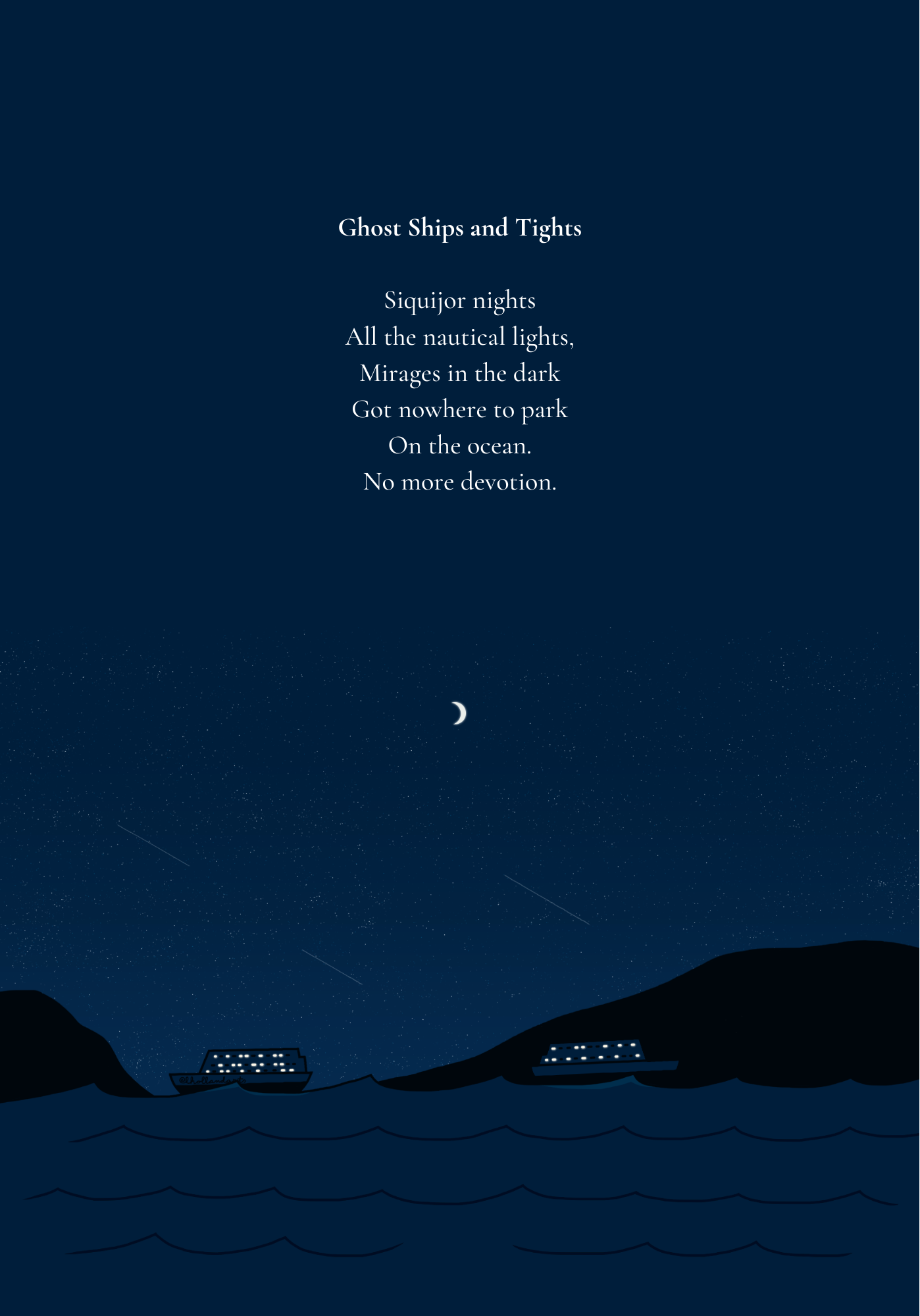 A digitally illustrated sample page for The Surrealist from the University, which depict two well-lit ships in the ocean at night.