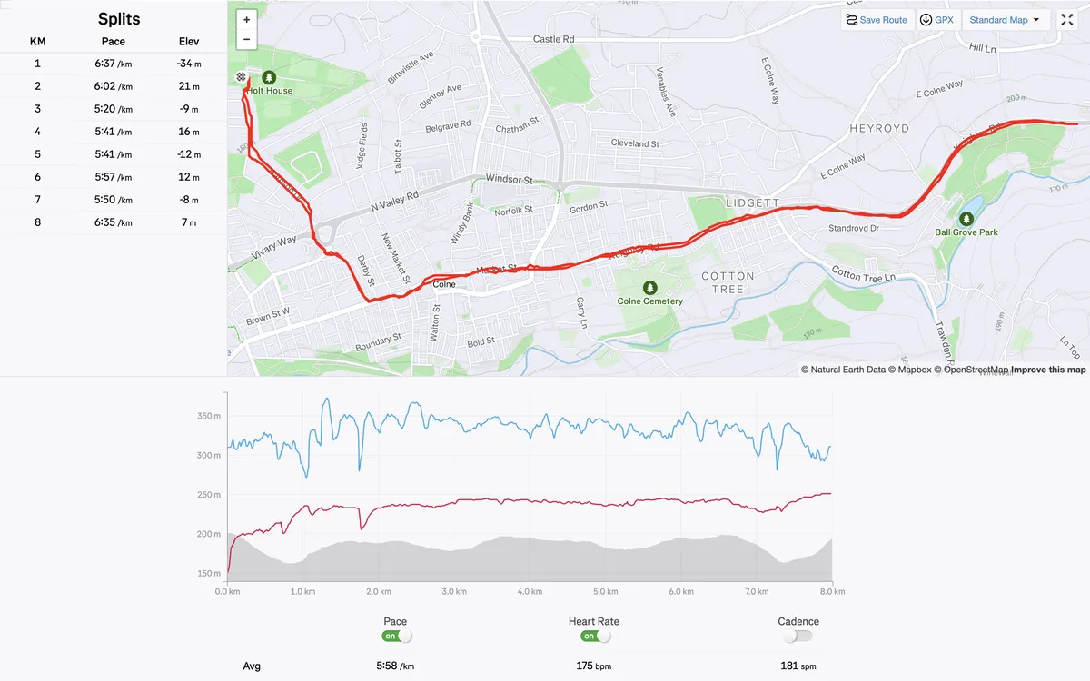 Strava screenshot showing route map, key metrics charts and km split times