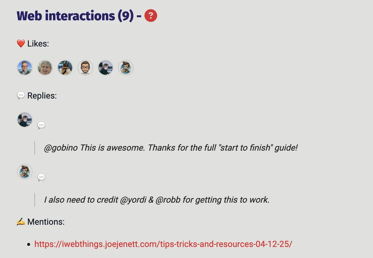 Screenshot showing different types of webmentions being rendered on Gobino's site