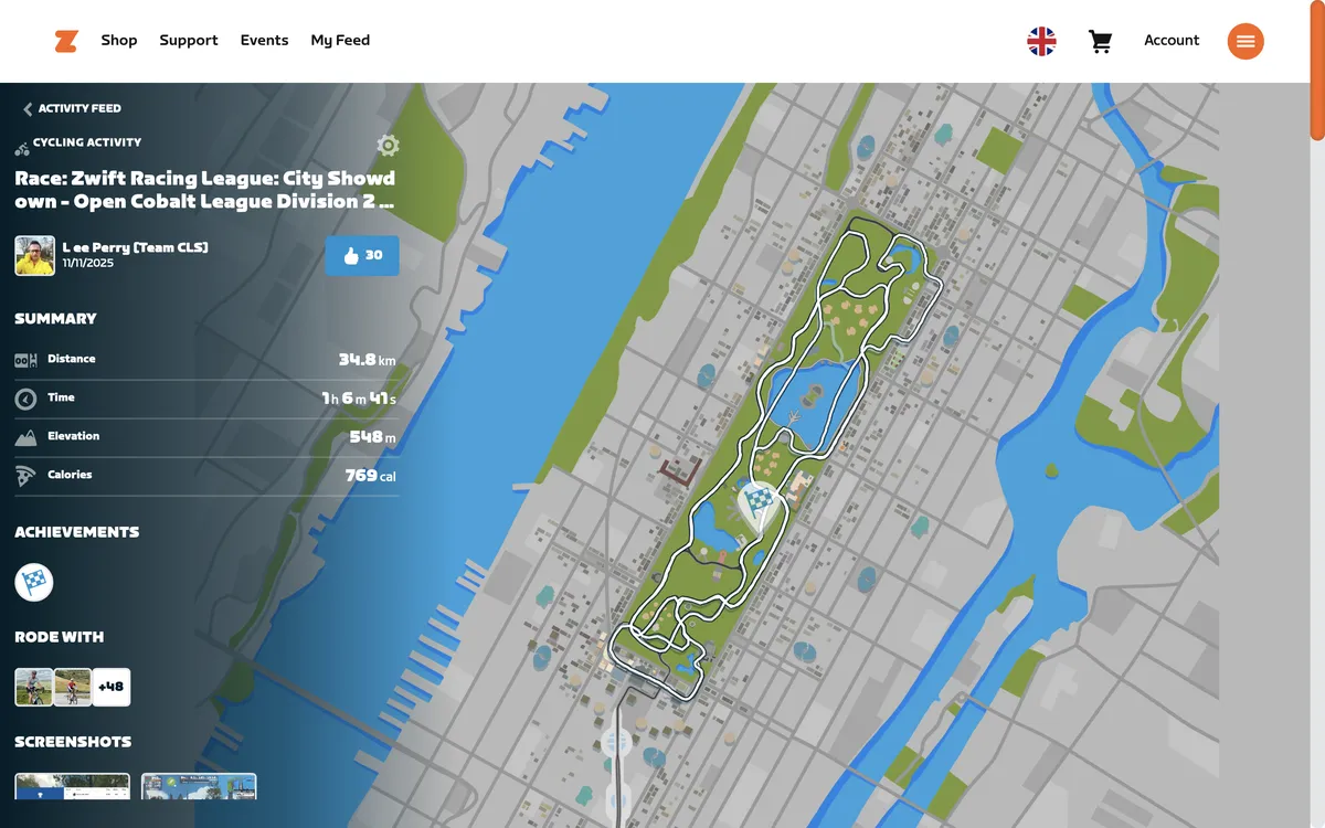 Screenshot from Zwift showing ride map and key statistics