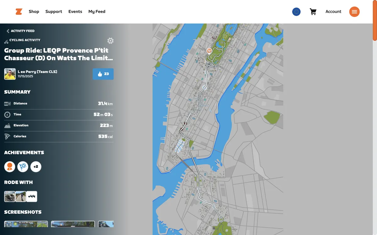 Screenshot from Zwift website showing ride map on the Watts the Limit course