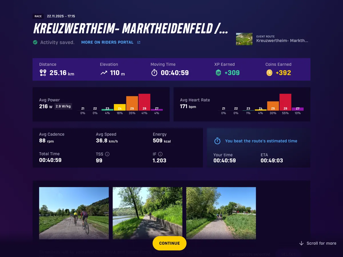 Screenshot from Rouvy showing key ride metrics