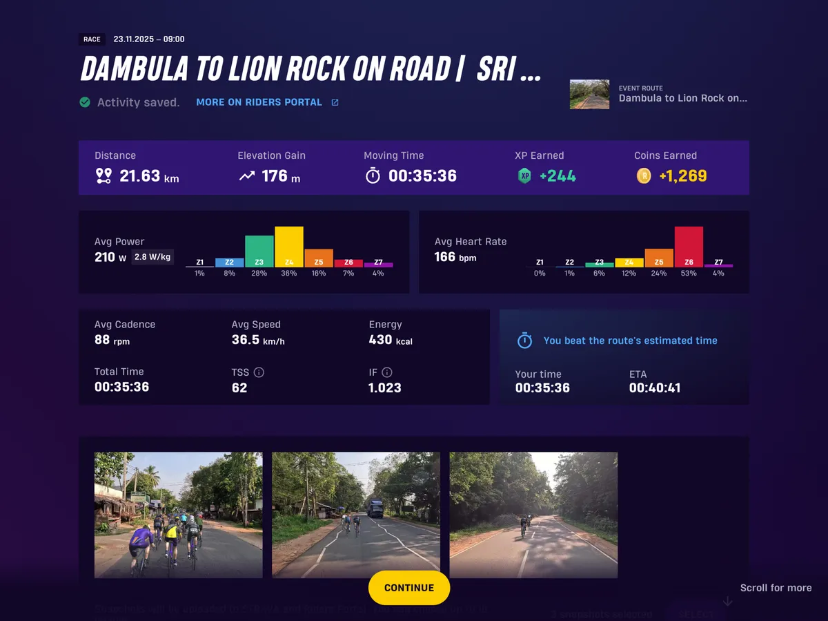 Screenshot from Rouvy showing key ride metrics charts