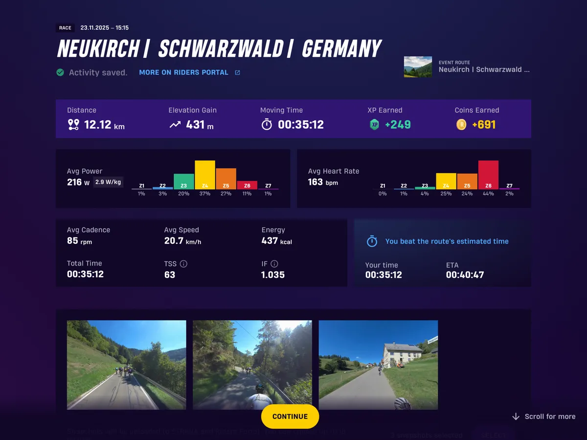 Post ride screen showing key ride metric charts and statistics