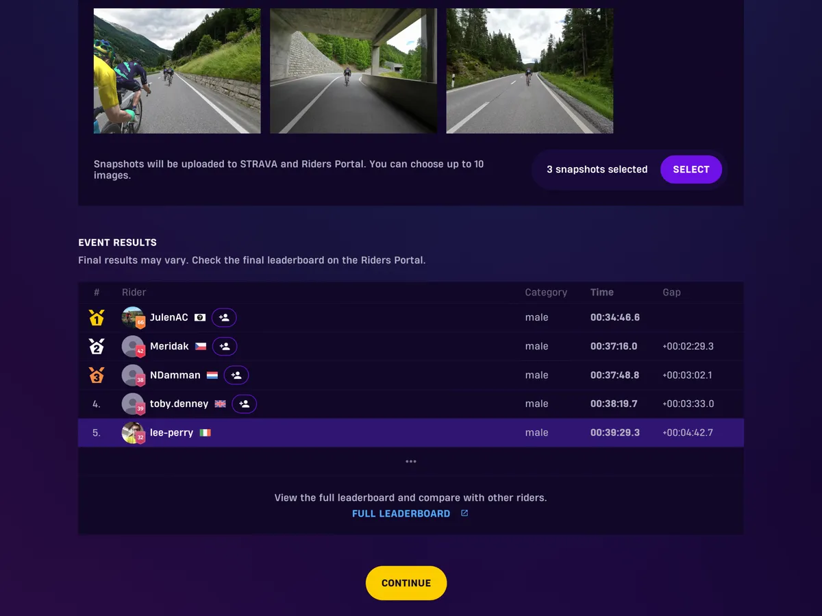 Screenshot from Rouvy showing abridged ride results