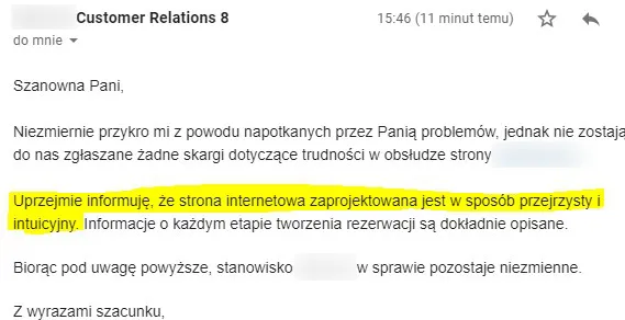 Screen z wiadomością email – pierwsze zdanie brzmi: „Niezmiernie przykro mi z powodu napotkanych przez Panią problemów”