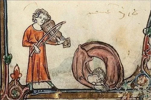 Funny medieval violinist and dancer painting 