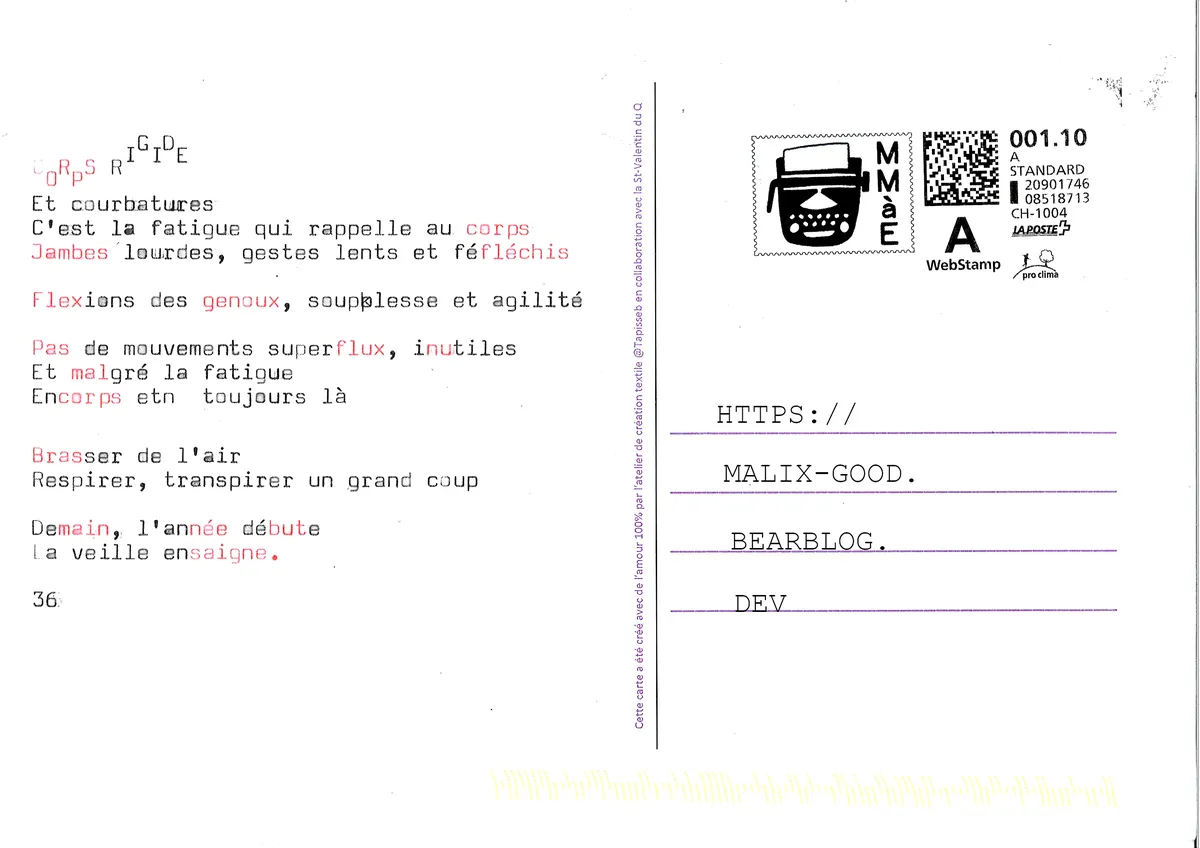 Photo d'une carte postale avec un poème sur la partie gauche et la partie droite avec l'adresse a été masquée par l'adresse du blog https://malix-good.bearblog.dev/