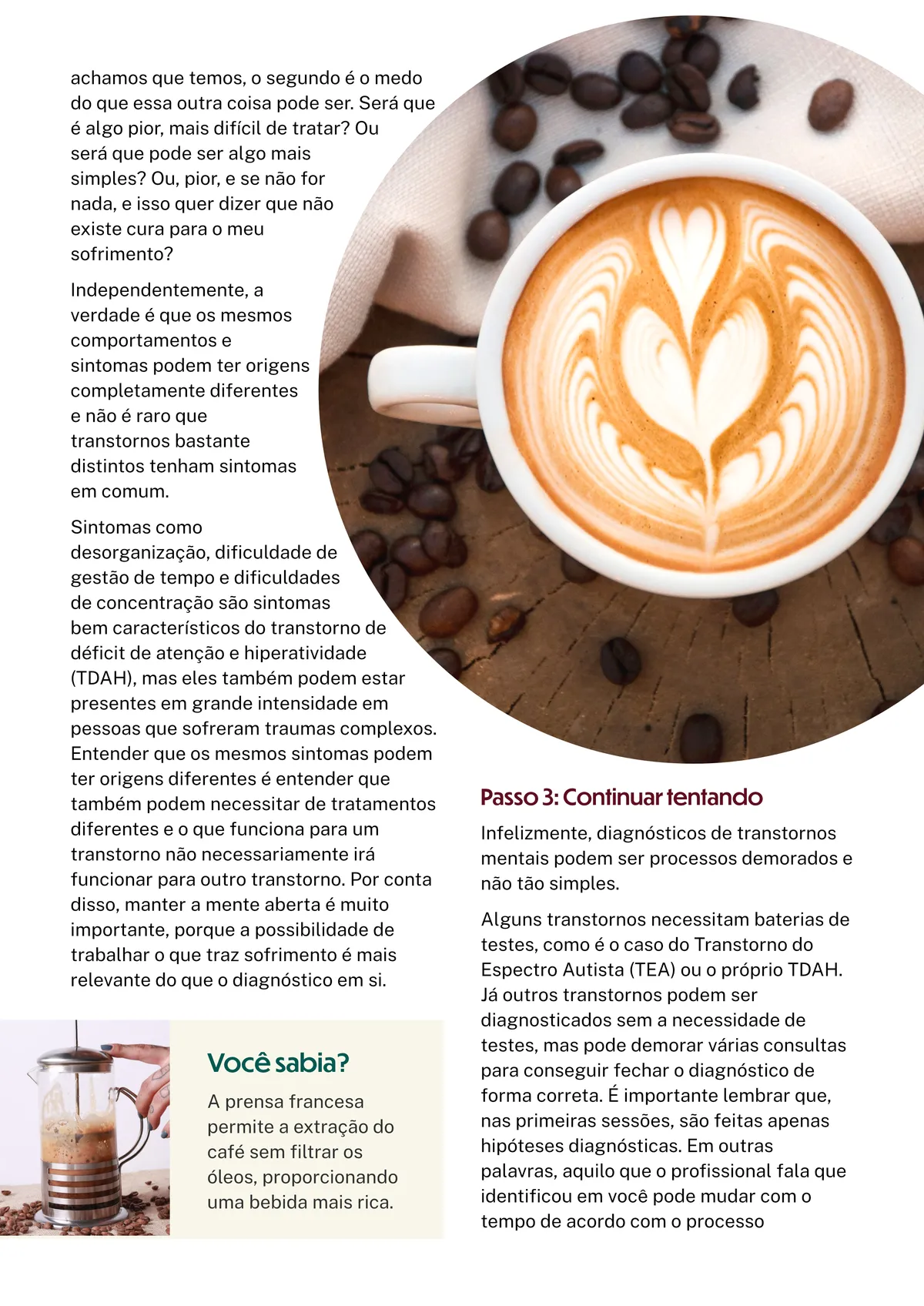 Page showing text and some coffee trivia, with an image of a french press and a cup of coffee with latte art