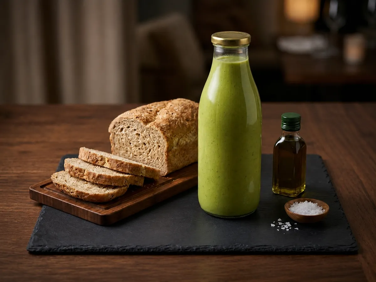 Cold pea, apple, and mint soup with horseradish oil