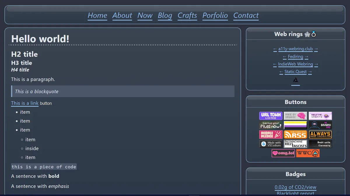 Snapshot of the new version of my website as seen on a large screen in dark mode. The color scheme is dark blue with bright blue highlighting links.