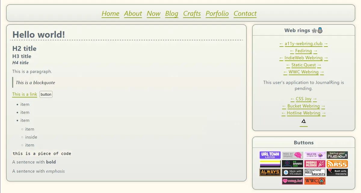 Snapshot of the new version of my website as seen on a large screen in light mode. Navigation, main content section, and several items on the sidebar are encased. There is a tinge at the top of each item that mimics shine reflection. The color scheme is light green with bright green highlights.