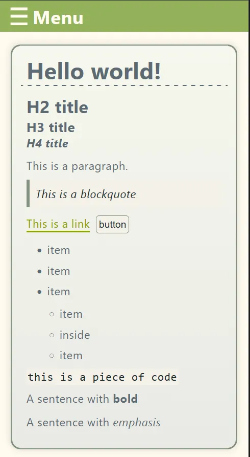 Snapshot of the new version of my website as seen on a small screen in light mode.