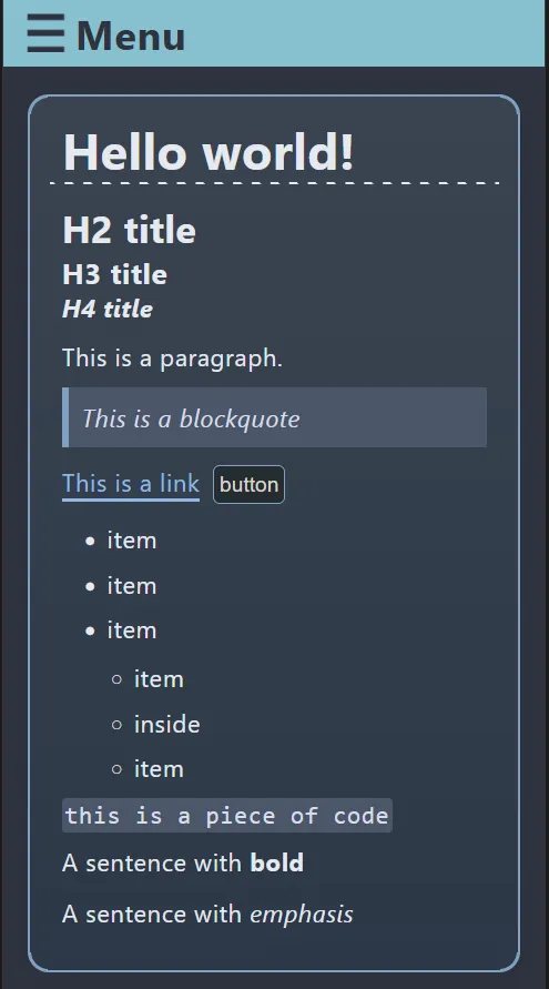 Snapshot of the new version of my website as seen on a small screen in dark mode.