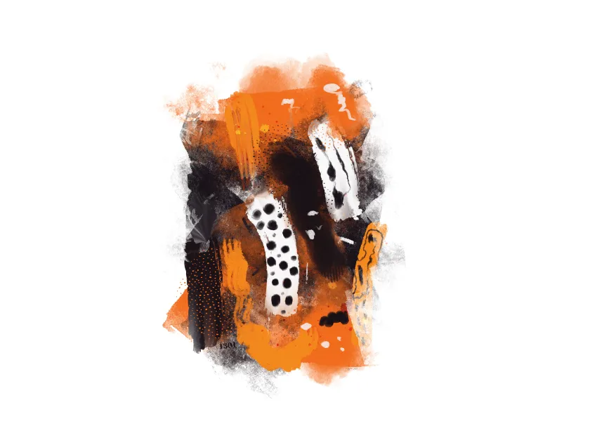 Dynamic abstract composition with bold orange, black, and white paint strokes and textural elements