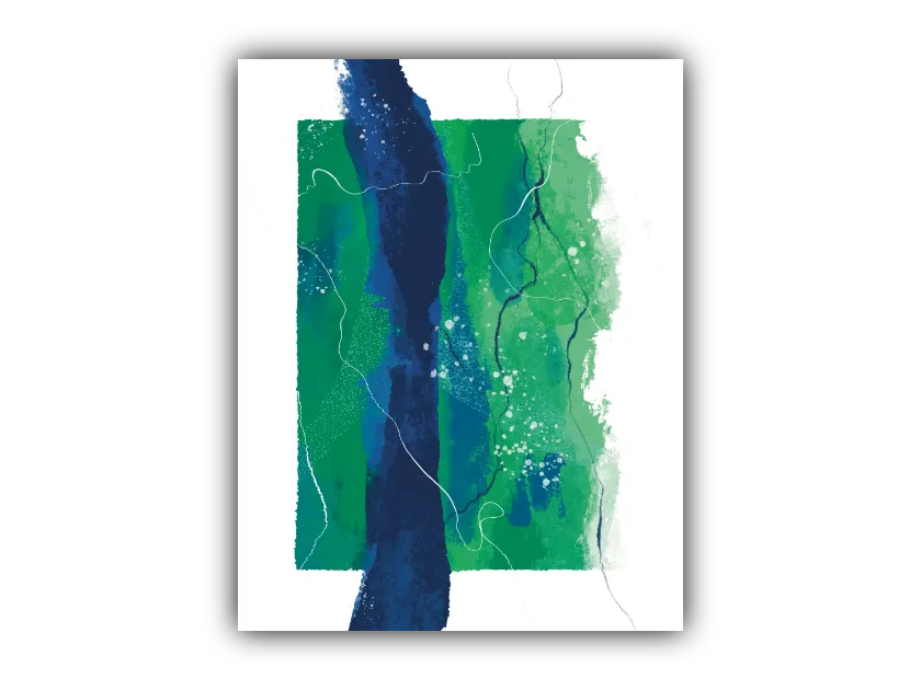 7x9 abstract art print with greens and blues