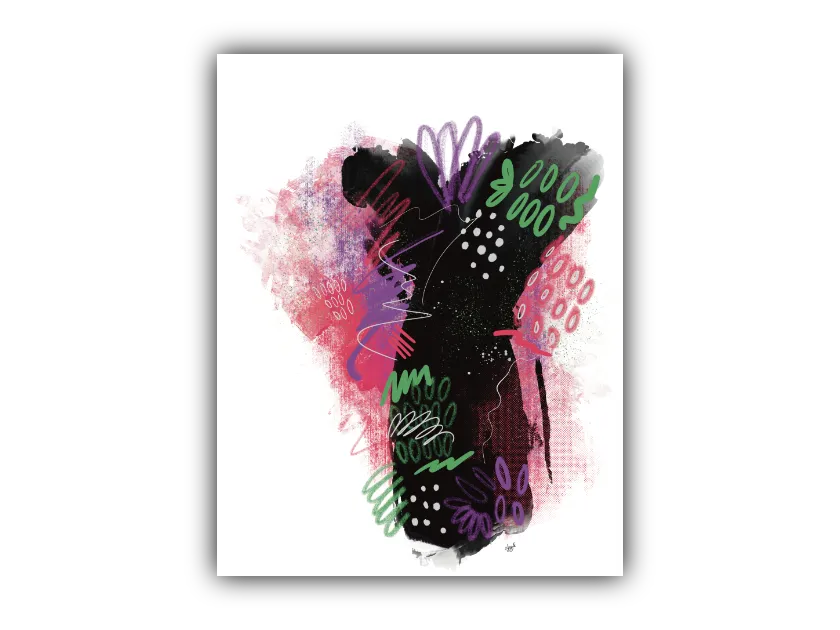 7x9 abstract art print with greys, blacks and a touch of red