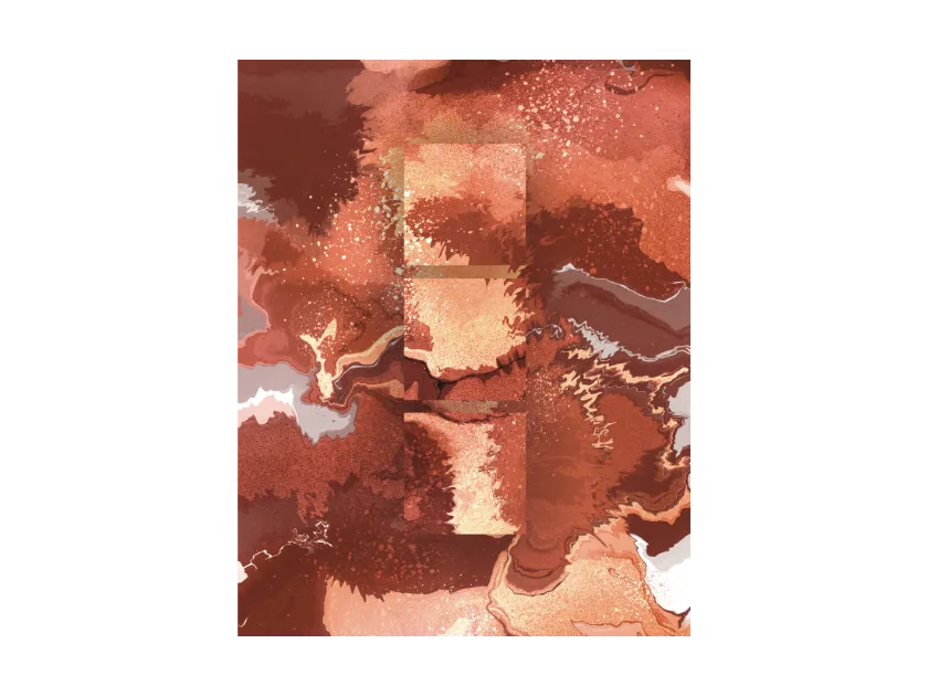Flowing abstract artwork with organic shapes in warm coral, rust, and cream tones with speckled textures