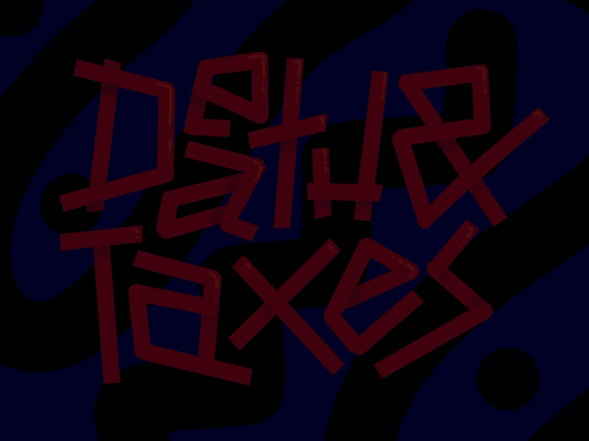 Dark Background with the words Death & Taxes in  red along with lines and dots in complete black around it