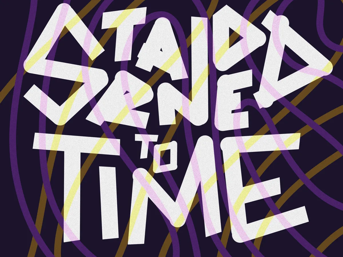 The words stranded to time on a dark background with coloured lines intersecting to give a trippy feeling