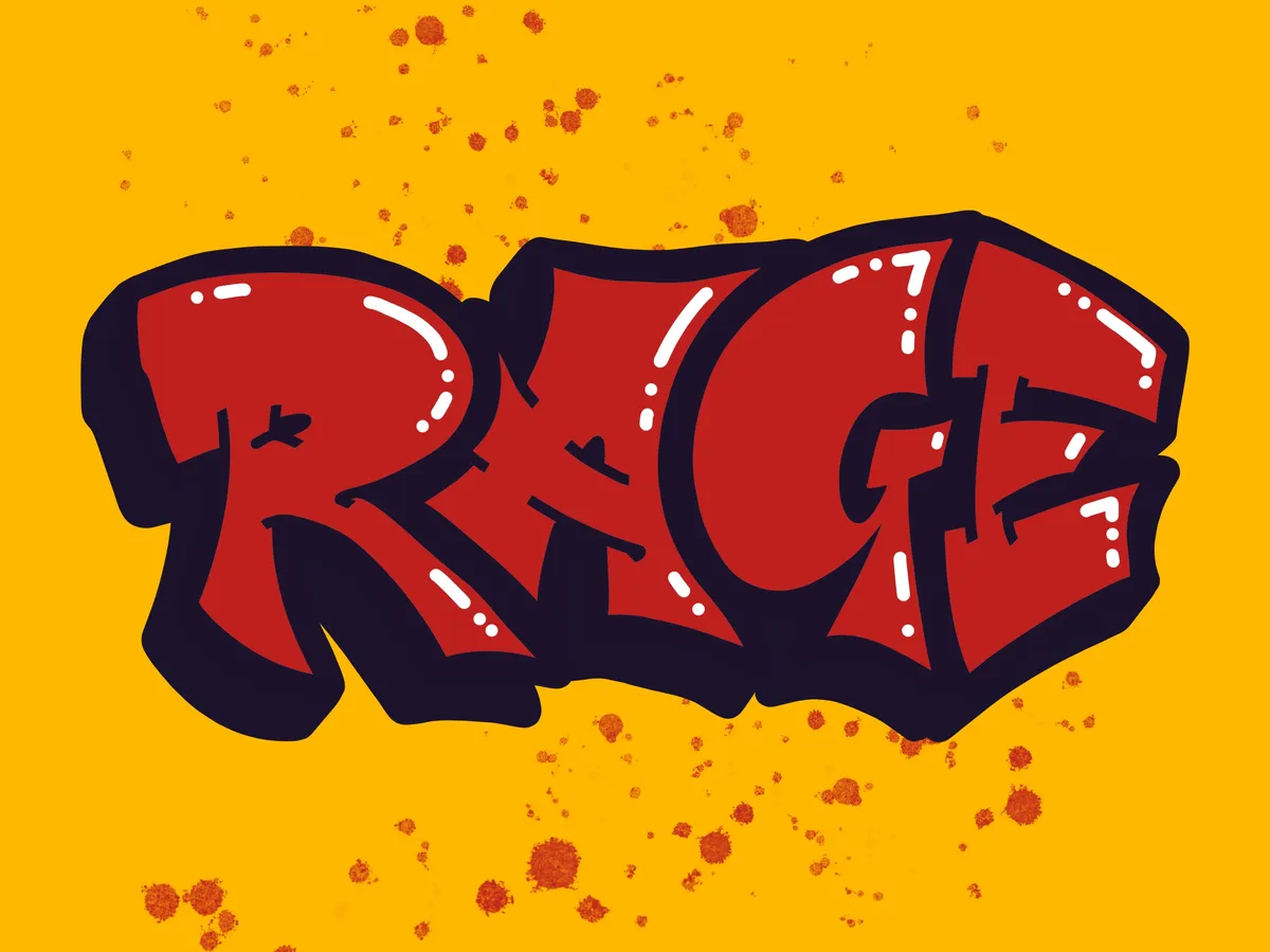 The word rage done in a graffiti bubble style in deep red like blood with red splashes on a yellow background