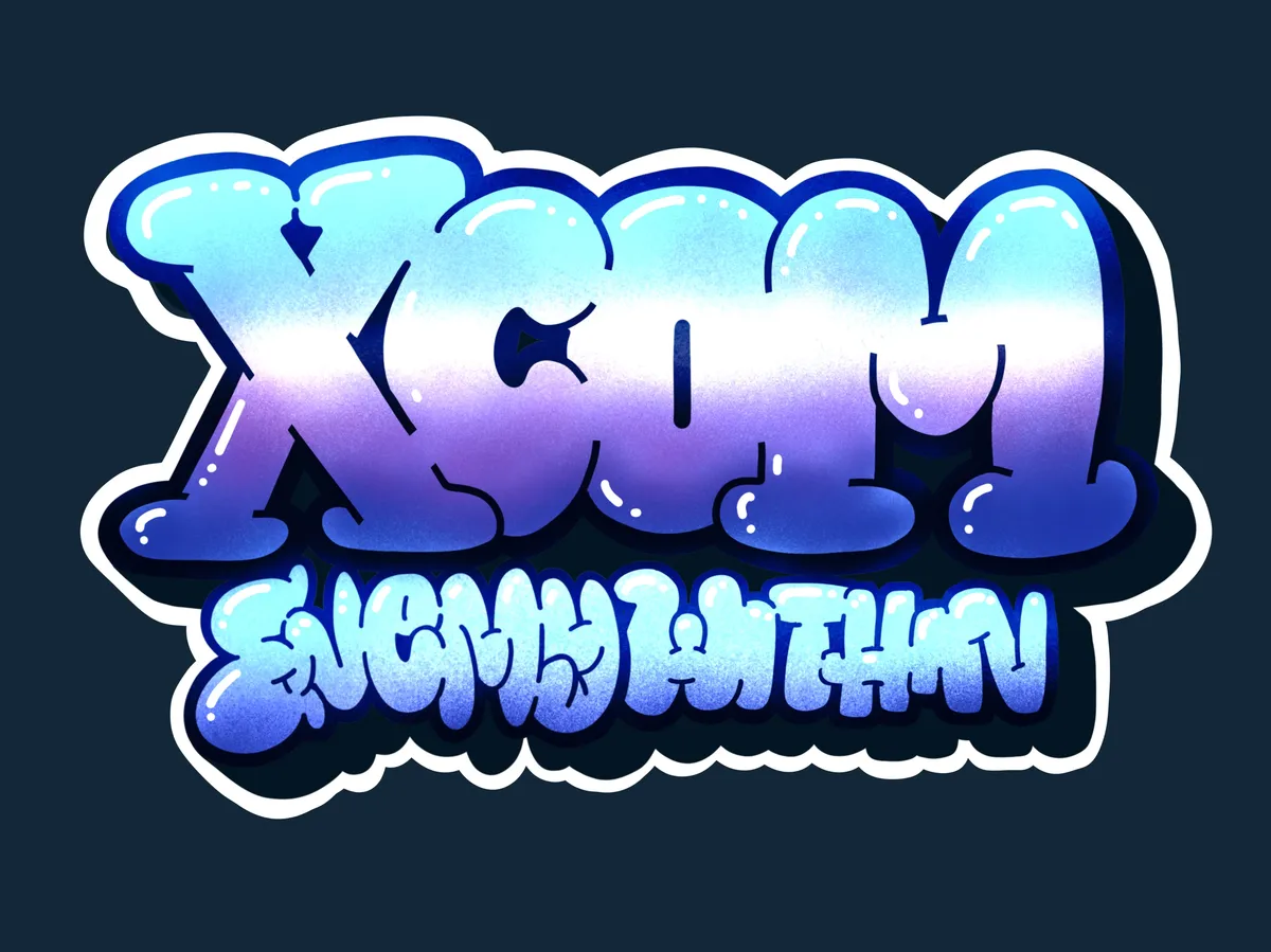 The words Xcom enemy within in graffiti style blue, purple and white letters with a drop shadow and a white outline around it
