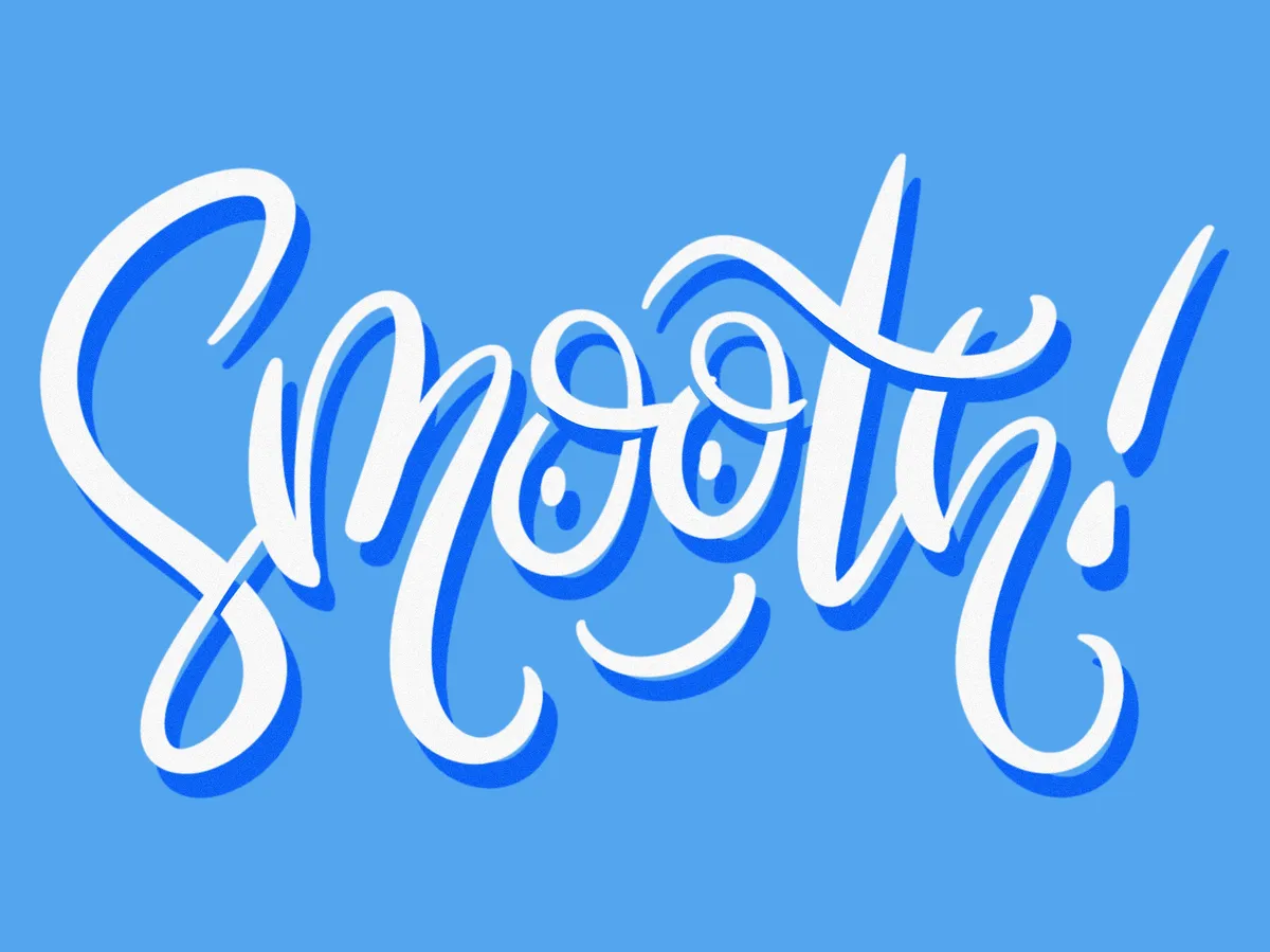 The word Smooth with eyes in the two letter o on a blue background in flowing, script writing