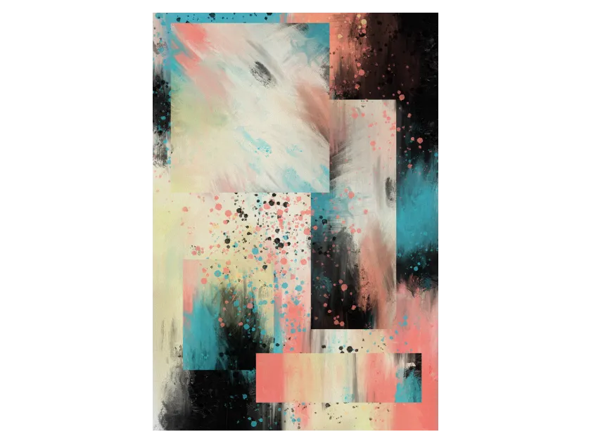 Layered abstract artwork featuring overlapping rectangular panels with paint splatters and brushstrokes