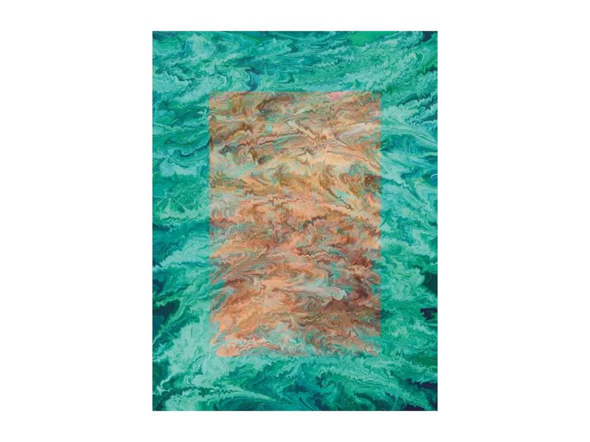 Fluid abstract artwork featuring swirling marbled patterns in turquoise background with earthy center