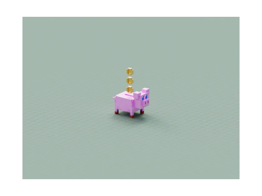 voxel art piggy bank scene