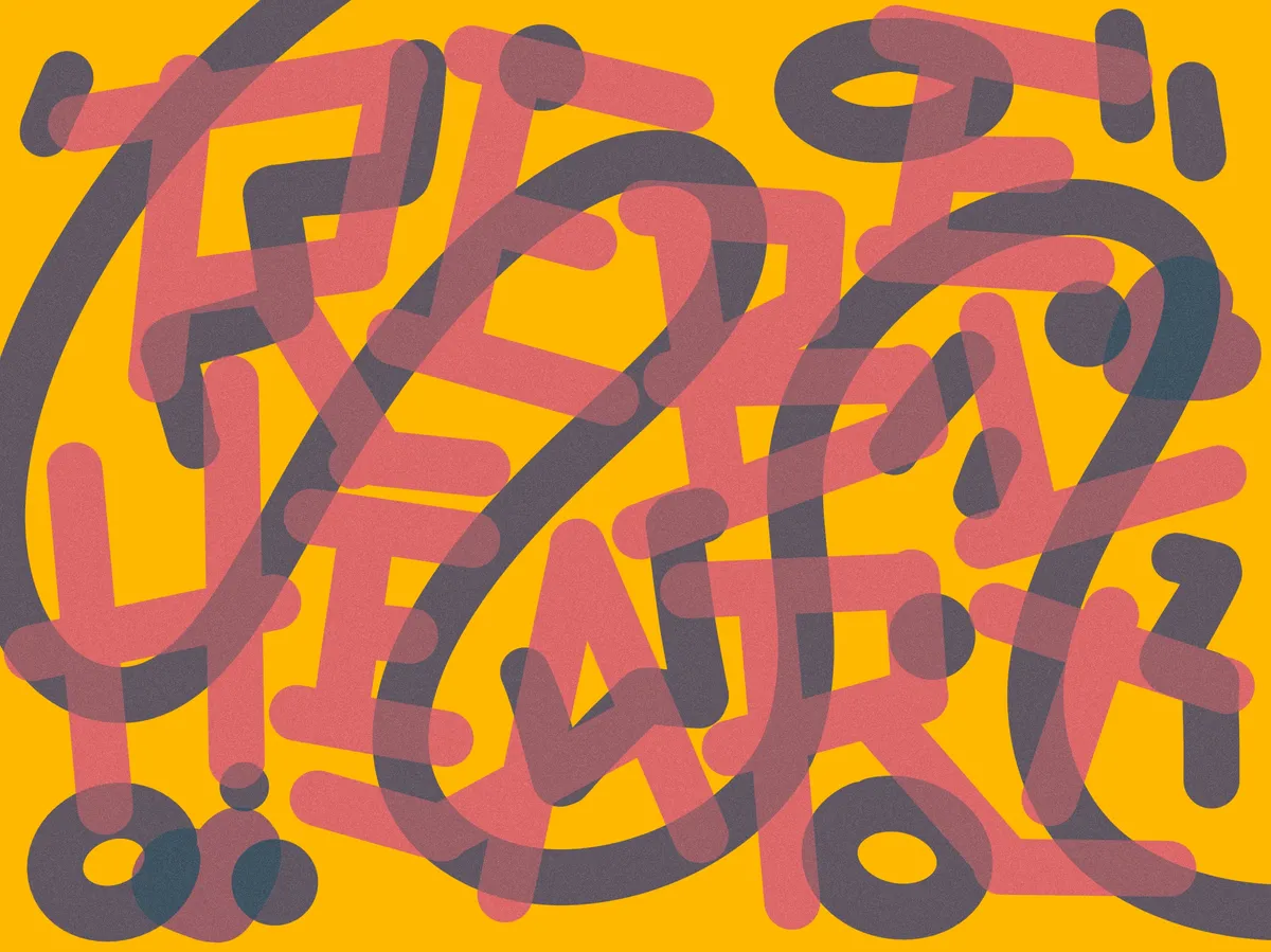 Yellow Background with the words Rebel Heart in faded red along with lines, circles and hearts around it