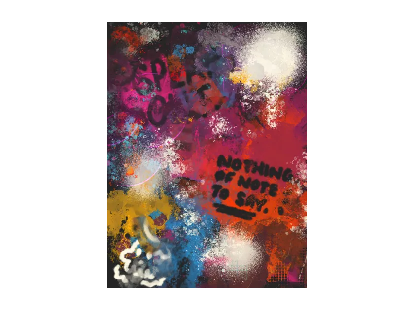 Colourful abstract artwork with spray paint splatters, stencilled text, and mixed media elements