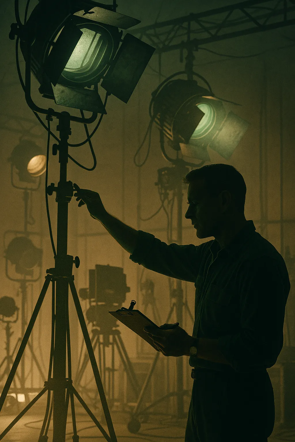 Silhouette of a gaffer alone on a film set, standing with a clipboard and stopwatch while observing lighting equipment in the background.